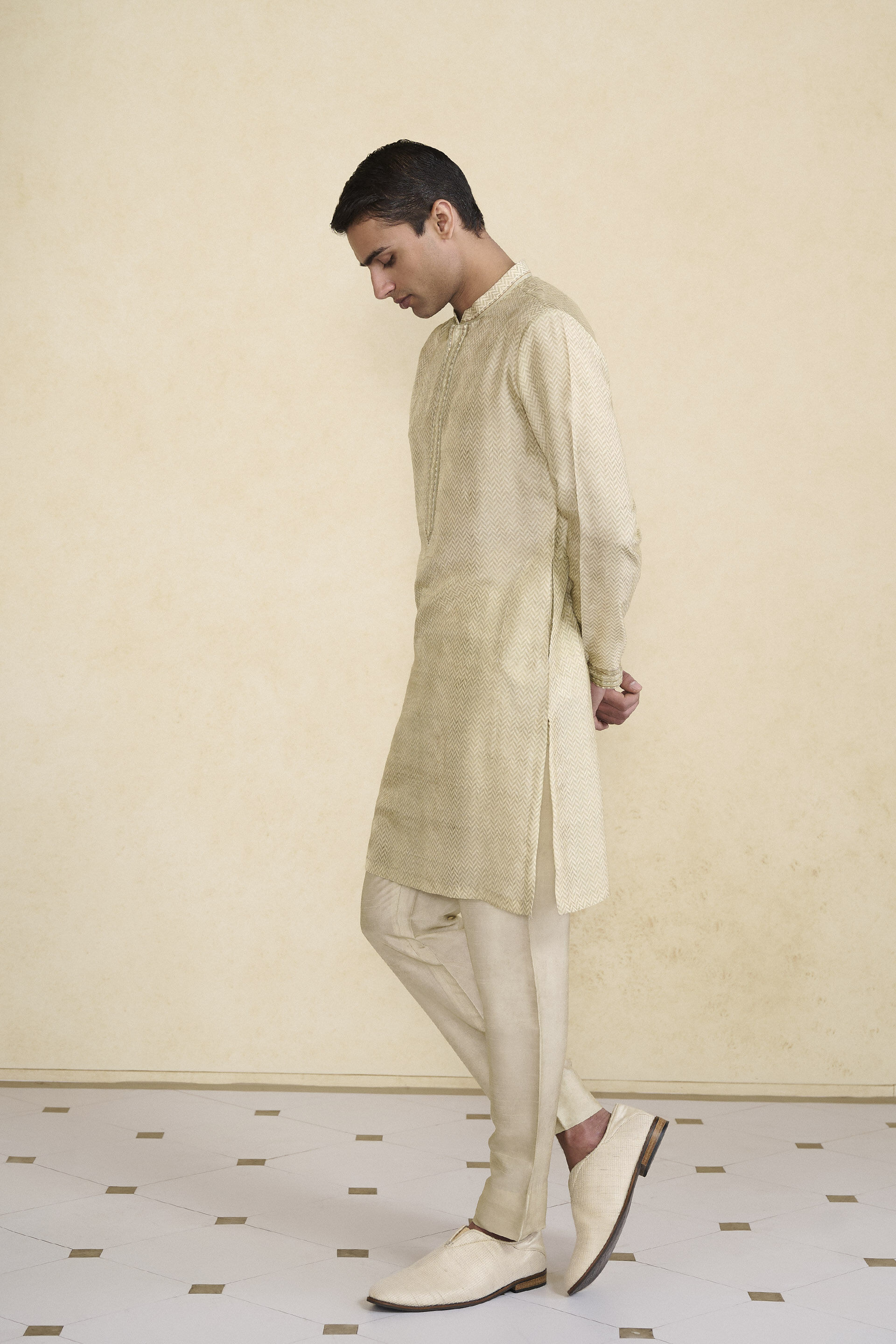 Kanishkan Printed Silk Kurta - Beige, Beige, image 3